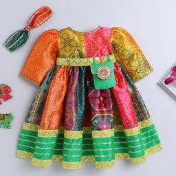 TINY MINY MEE Silk Half Sleeves Floral Bandhani Printed Lace Embellished Dress With Headband & Pouch Attached Belt - Multi Colour-image-46