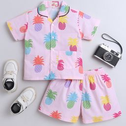 The Magic Wand Cotton Woven Half Sleeves Pineapple Printed Coordinating Night Suit Set - Peach-image-75