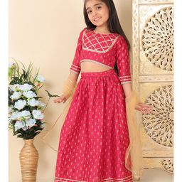 Superminis Silk Blend Three Fourth Sleeves Abstract Foil Printed Lace Embellished Lehenga Choli With Dupatta Set - Red-image-38