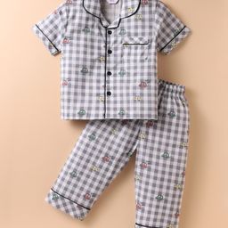 Smarty Boys Sinker Knit Half Sleeves Front Open Night Suit With Checks & Vehicle Print - Grey-picture-5