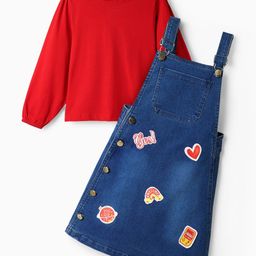 Ollington St. Cotton Full Sleeves Inner Top & Stretchable Denim Pinafore With Patch Detailing - Red & Blue-picture-22