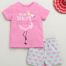 BUMZEE Cotton Half Sleeves Flamingo Printed Tee & Coordinating Short Set - Pink & Mint Green-image-6