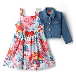 Babyhuhg Cotton Knit Full Sleeves Shrug & Frock with Floral Print & Bow Applique - Blue & Pink-image-61