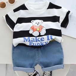 Googo Gaaga Cotton Half Sleeves Striped & Teddy Bear Printed Tee & Shorts Set - White-image-77