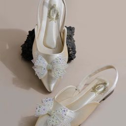 Shoetopia Sequins Embellished Bow Designed Mule Sandals - Cream-image-35