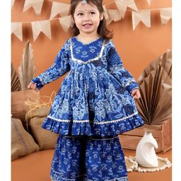 Titrit Cotton Woven Full Sleeves Floral Printed Gota Lace Embellished Kurta Sharara Set - Blue-image-15