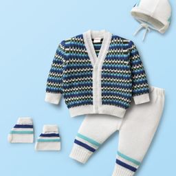 Babyhug Knit Full Sleeves Front Open Cable Knit Designed Sweater Set With Cap & Mittens - Multi Colour-image-66