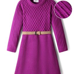 Hola Bonita Knit Full Sleeves Textured Woollen Dress with Belt - Purple-picture-26