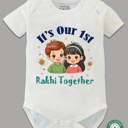 BLUSHES 100% Cotton Knit Raksha Bandhan Theme Half Sleeves Its Our First Rakhi Together Text Printed Onesie - White-image-61