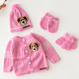The Original Knit Knit Full Sleeves Teddy Bear Designed Sweater With Cap Mittens & Socks Set - Baby Pink-picture-45