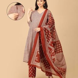 The Mom Store Cotton Knit Three Fourth Sleeves Abstract Printed Maternity & Side Zipper Nursing Access Kurta With Pant & Dupatta Set - Multi Colour-picture-13