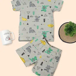 RAINE AND JAINE Cotton Knit Half Sleeves Dinosaur Printed Coordinating Tee & Shorts Night Suit Set - Grey-picture-48
