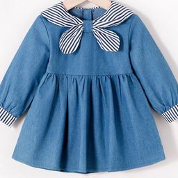 YK Girls Solid Cuffed Sleeves Tie-Up Neck Fit and Flare Dress-image-41