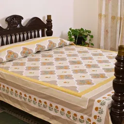 Peepul Tree Taupe & Yellow Printed Pure Cotton Double Bed Cover-image-15