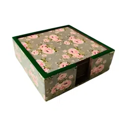 THE HOME CO. Set Of 6 Brown & Pink Printed Enamel Square Wooden Coasters image 3