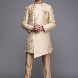 Manyavar Men Beige & Black Floral Printed Jacquard Sherwani and Churidar Set-picture-42