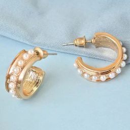 ToniQ Gold Plated Casual Pearl Studded Half Hoop Earrings-50