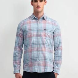 Arrow Sport Medium Blue Cotton Slim Fit Checks Shirt-image-26