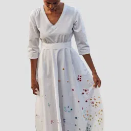Okhai Raindrop White Pure Cotton Hand Embroidered A-Line Dress-60