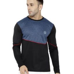 Chkokko Blue & Black Regular Fit Colour Block Sports T-Shirt-image-50