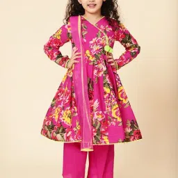A.T.U.N. Kids Pink Cotton Floral Print Full Sleeves Anarkali Set-image-92