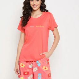 Clovia Peach Geometric Print Top With Shorts-image-73