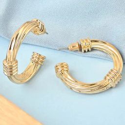 ToniQ Gold Plated Twisted Textured Half Hoop Earrings-92