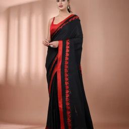 CHARUKRITI Black Cotton Solid Saree With Unstitched Blouse-picture-34