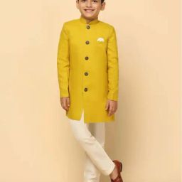 KISAH Boys Yellow Solid Full Sleeves Indowestern Sets-picture-13