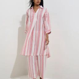 Utsa by Westside Red Stripe Printed High-Low Cotton Kurta-10