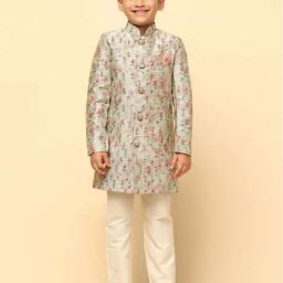 KISAH Boys Green Jacquard Full Sleeves Indowestern Sets-image-41