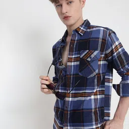 SHOWOFFFF Men Comfort Slim Fit Tartan Checked Spread Collar Cotton Casual Shirt-image-97