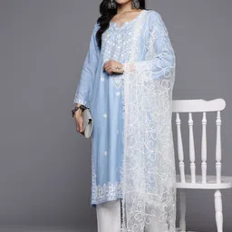 Varanga Floral Embroidered Thread Work Kurta With Trousers & Dupatta-image-96