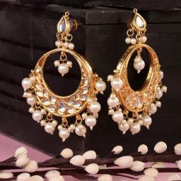 Saraf RS Jewellery Gold Kundan Studded & Pearl Beaded Earrings-image-8