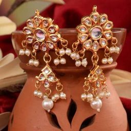 Saraf RS Jewellery Gold Kundan Studded & pearl Beaded Earrings-image-7