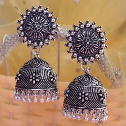 Saraf RS Jewellery Silver Toned Oxidised Jhumka Earrings-image-48