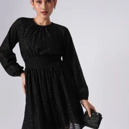 Globus Black Self Full Sleeves Fit & Flare Dress-picture-15
