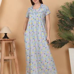 Sweet Dreams Sky Blue Cotton Regular Fit Printed Nighty-picture-23