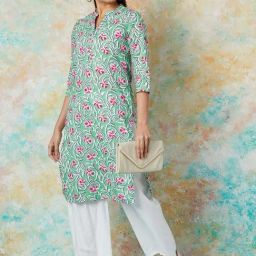 Melange by Lifestyle Green Cotton Printed Straight Kurta-image-97