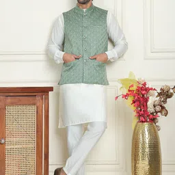 Anouk White Band Collar Straight Kurta With Pyjamas & Nehru Jacket-image-53
