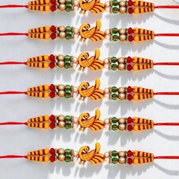 ADIVA Set Of 6 Sones Studded & Beaded Peacock Rakhis Roli Chawal & Greetings Card-image-52