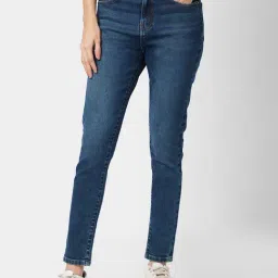Spykar Dark Blue Cotton Slim Fit High Rise Jeans-image-78