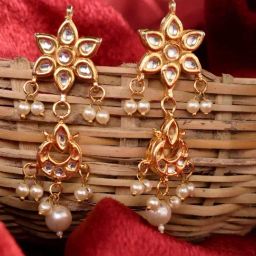 Saraf RS Jewellery Gold Kundan Studded Floral Earrings-image-10