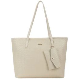 Fastrack Beige Textured Medium Tote Handbag with Pouch-image-40
