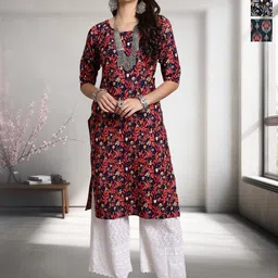 HERE&NOW Selection of 3 Floral Printed Round Neck Straight Kurtas-image-99