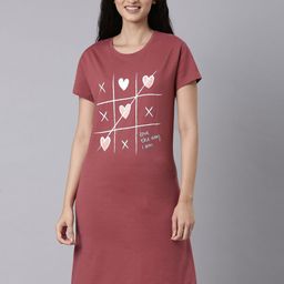 TWIN BIRDS Women Cotton Printed Fired Brick Lounge Wear Long Tee-image-43
