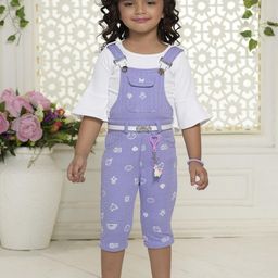Be Kids girls Purple Printed Dungaree with White Bell Sleeve Top-picture-45