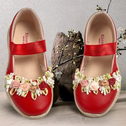 KazarMax Kids Girls Ballet Flat Ballerina Flower Embellished Peep Toes- Red-image-54