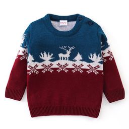 Babyhug 100% Acrylic Full Sleeves Reindeer Design Pullover - Red & Navy Blue-image-7
