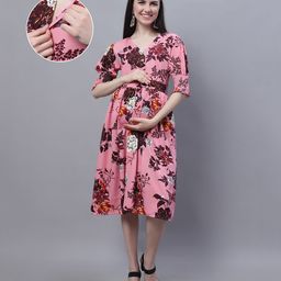 Moms Maternity Three Fourth Sleeves Crepe Floral Print Maternity Midi Dress - Pink-image-4